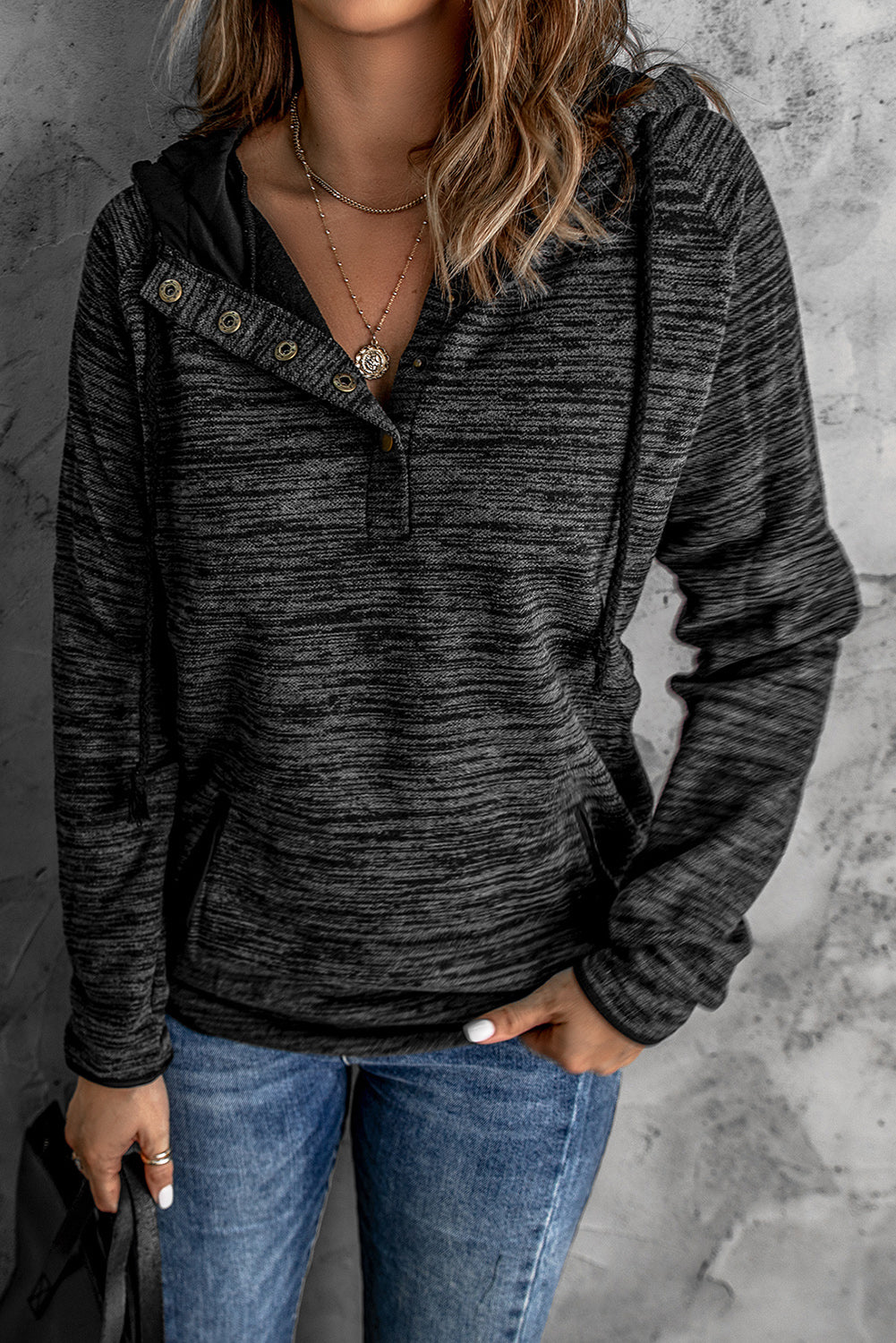 Black Heathered Print Button Snap Neck Pullover Hoodie Sweatshirts & Hoodies JT's Designer Fashion