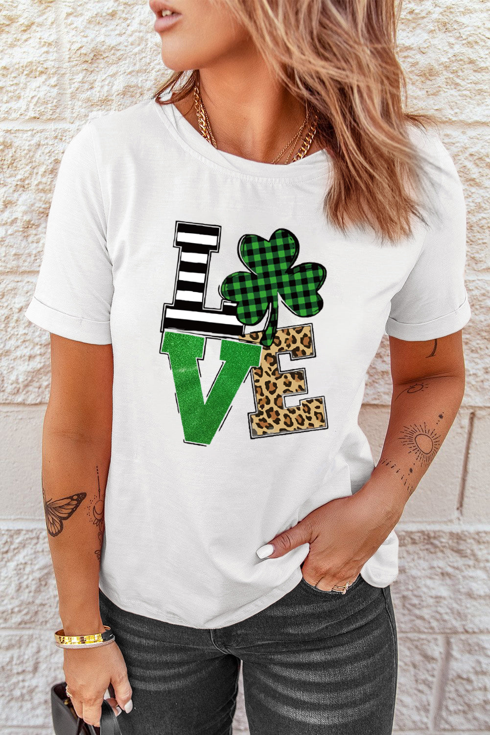 White LOVE Clover Glitter Graphic Print Crew Neck T Shirt Graphic Tees JT's Designer Fashion