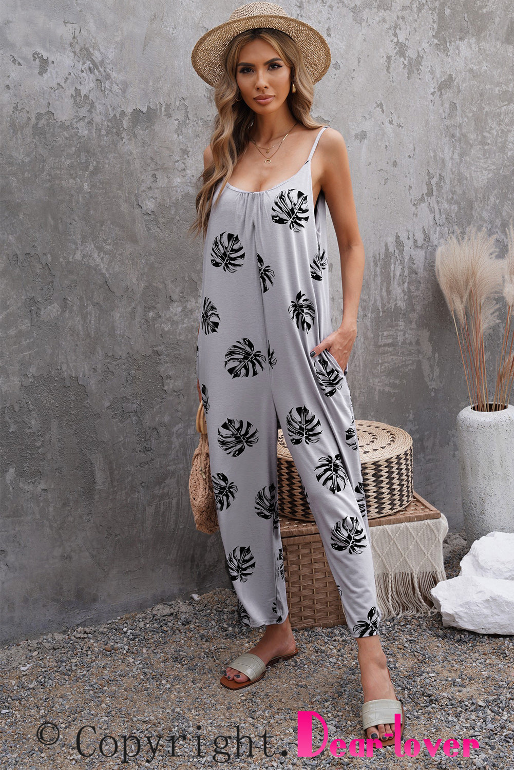 Gray Palm Leaves Print Spaghetti Strap Wide Leg jumpsuit Jumpsuits & Rompers JT's Designer Fashion