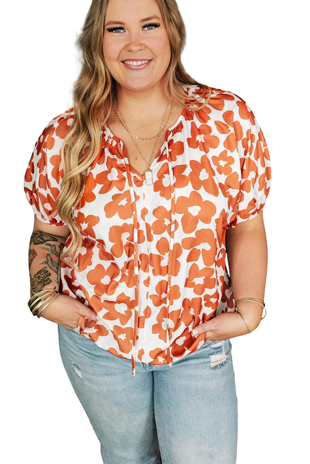 Orange Plus Size Floral Print Drawstring V Neck Short Sleeve Blouse Plus Size JT's Designer Fashion