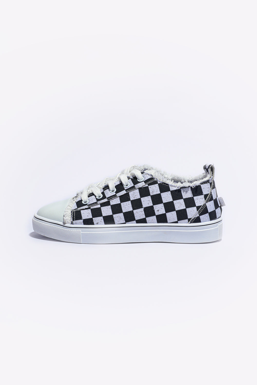 Black Checkered Print Raw Edge Lace-up Canvas Shoes Women's Shoes JT's Designer Fashion