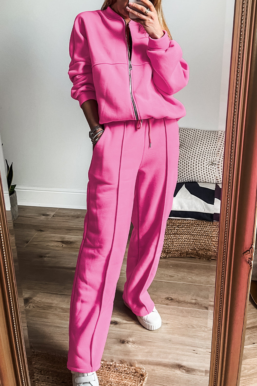 Bright Pink Solid Seamed Zipper Jacket and Drawstring Waist Pants Set Pant Sets JT's Designer Fashion