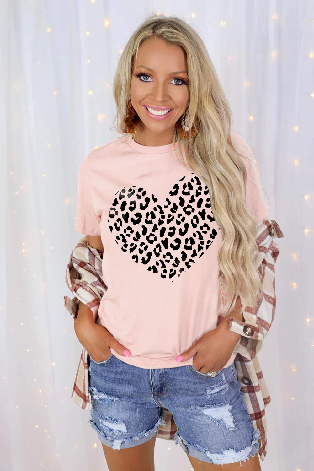 Pink Leopard Heart Shaped Print Crew Neck Graphic Tee Graphic Tees JT's Designer Fashion