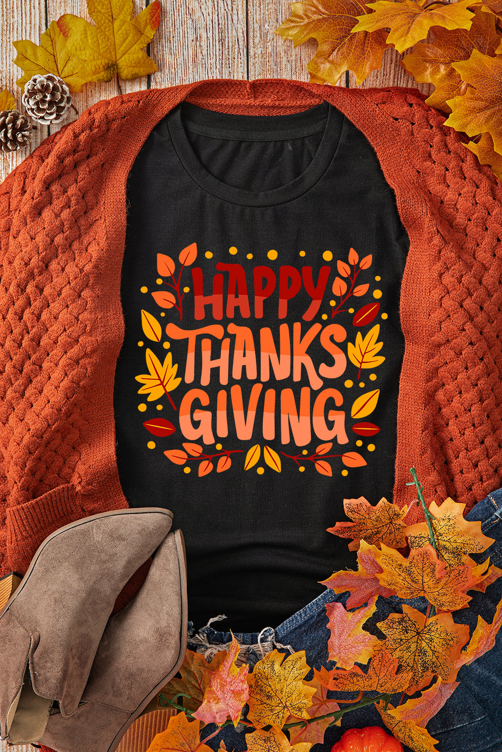 Black Happy Thanksgiving Leaves Print Crew Neck T Shirt Graphic Tees JT's Designer Fashion