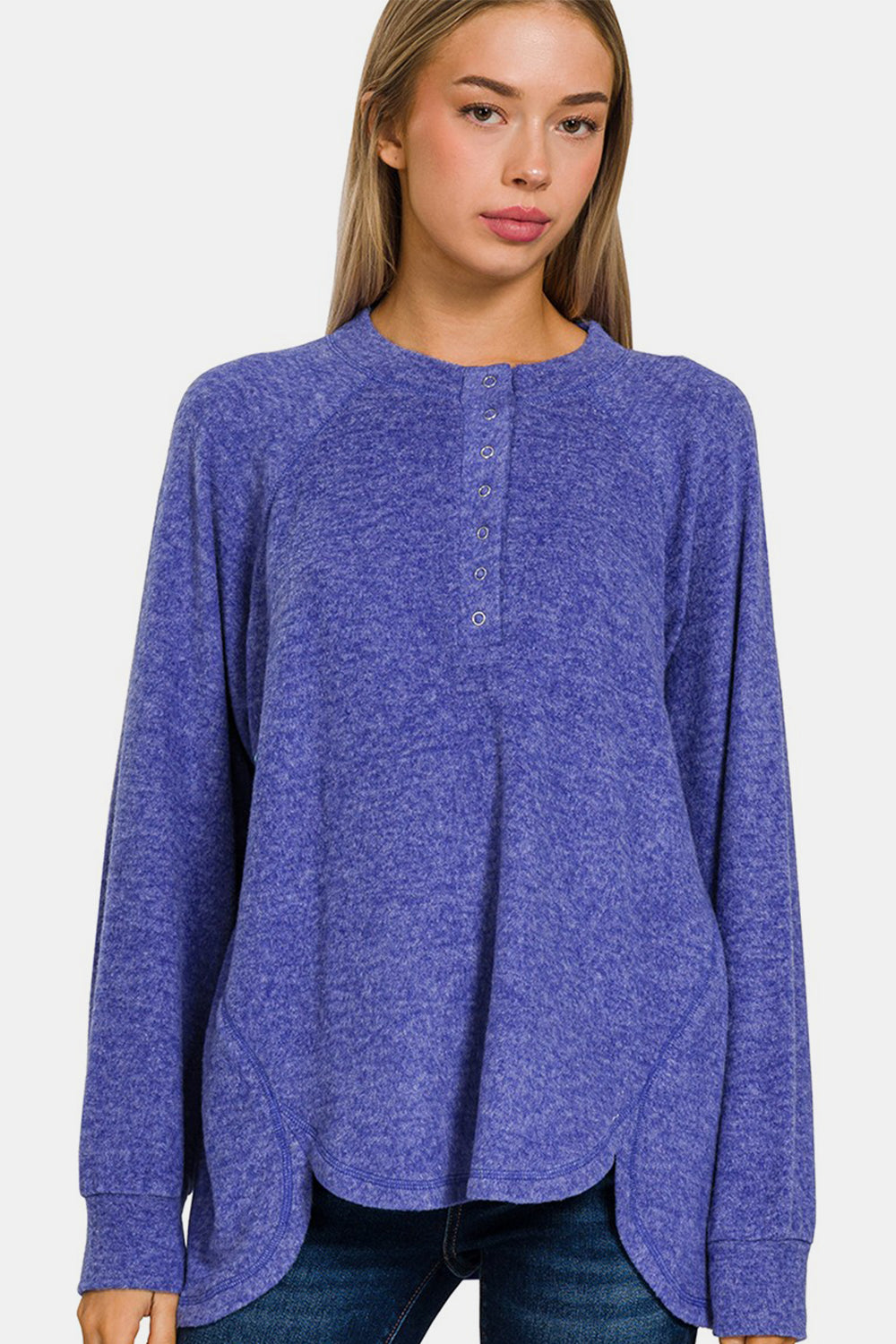 Full Size Brushed Melange Hacci High-Low Sweater Bright Blue Long Sleeve Tops JT's Designer Fashion