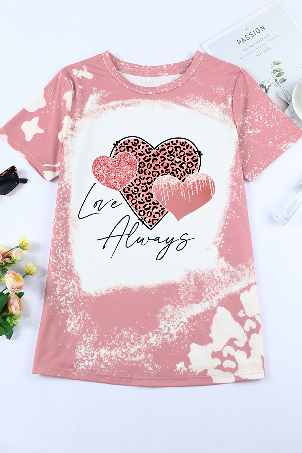 Pink Love Always Heart Leopard Bleached Graphic T Shirt Graphic Tees JT's Designer Fashion