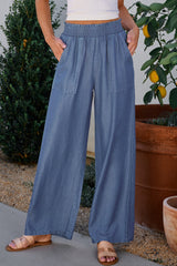 Sky Blue Side Pockets Frilled Smocked High Waist Wide Leg Jeans Bottoms JT's Designer Fashion