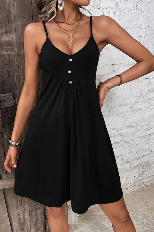 Decorative Button Scoop Neck Cami Dress Black Mini Dresses JT's Designer Fashion