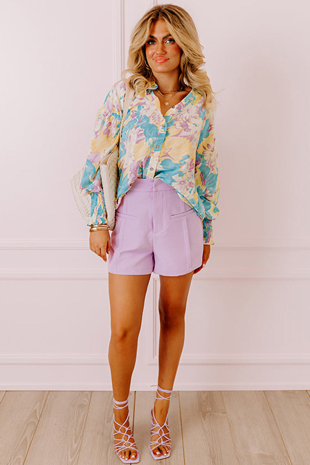 Yellow Floral Allover Print Shirred Cuff Oversized Shirt Blouses & Shirts JT's Designer Fashion