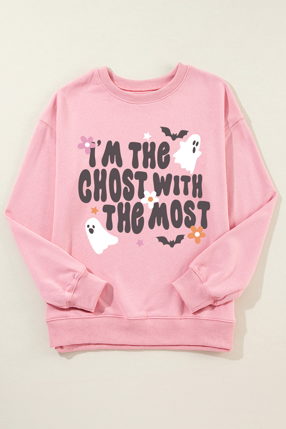 Pink Halloween Slogan Ghost Bat Graphic Drop Shoulder Sweatshirt Graphic Sweatshirts JT's Designer Fashion