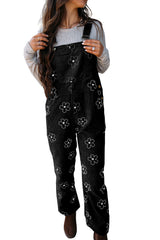 Black Flower Print Corduroy Overalls Bottoms JT's Designer Fashion