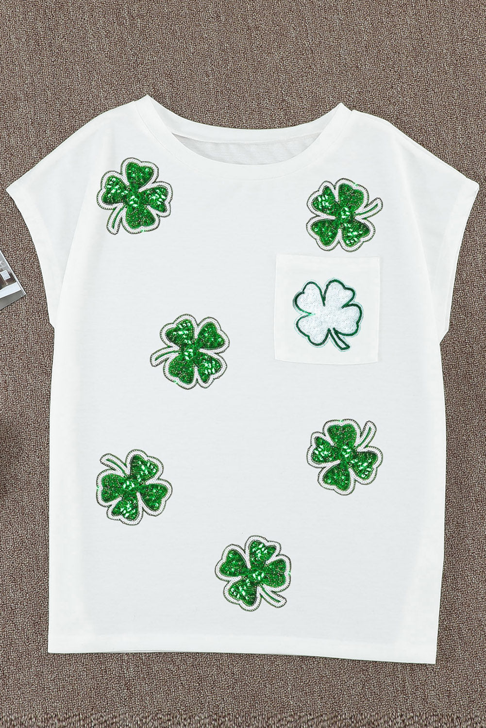 white Sequin St Patrick Clover Patch Pocket Loose Tee Graphic Tees JT's Designer Fashion