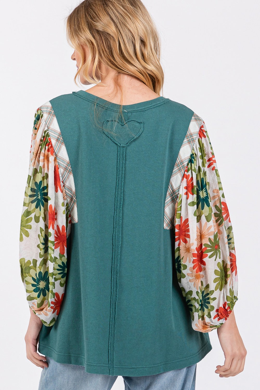 SAGE + FIG Full Size Printed Balloon Sleeve Contrast Top Blouses & Shirts JT's Designer Fashion