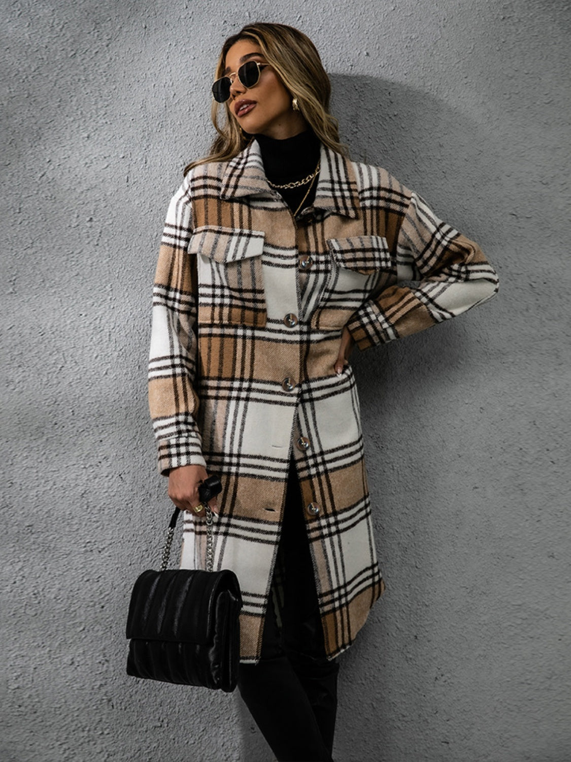 Plaid Collared Neck Long Sleeve Coat Coats & Jackets JT's Designer Fashion