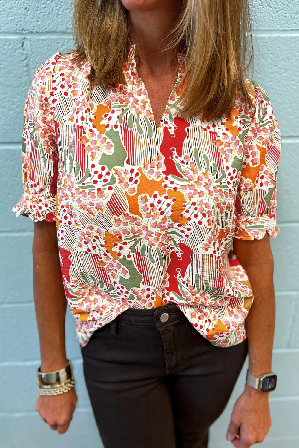 Pink Floral Print Button Frilled Short Sleeve Blouse Blouses & Shirts JT's Designer Fashion