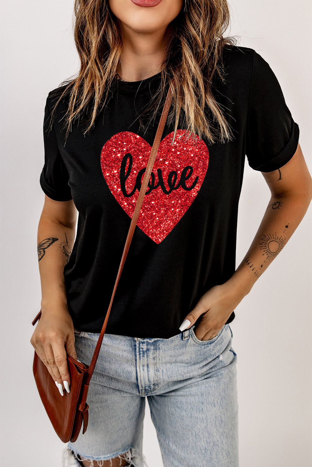 Black Love Heart Shaped Glitter Print T Shirt Graphic Tees JT's Designer Fashion