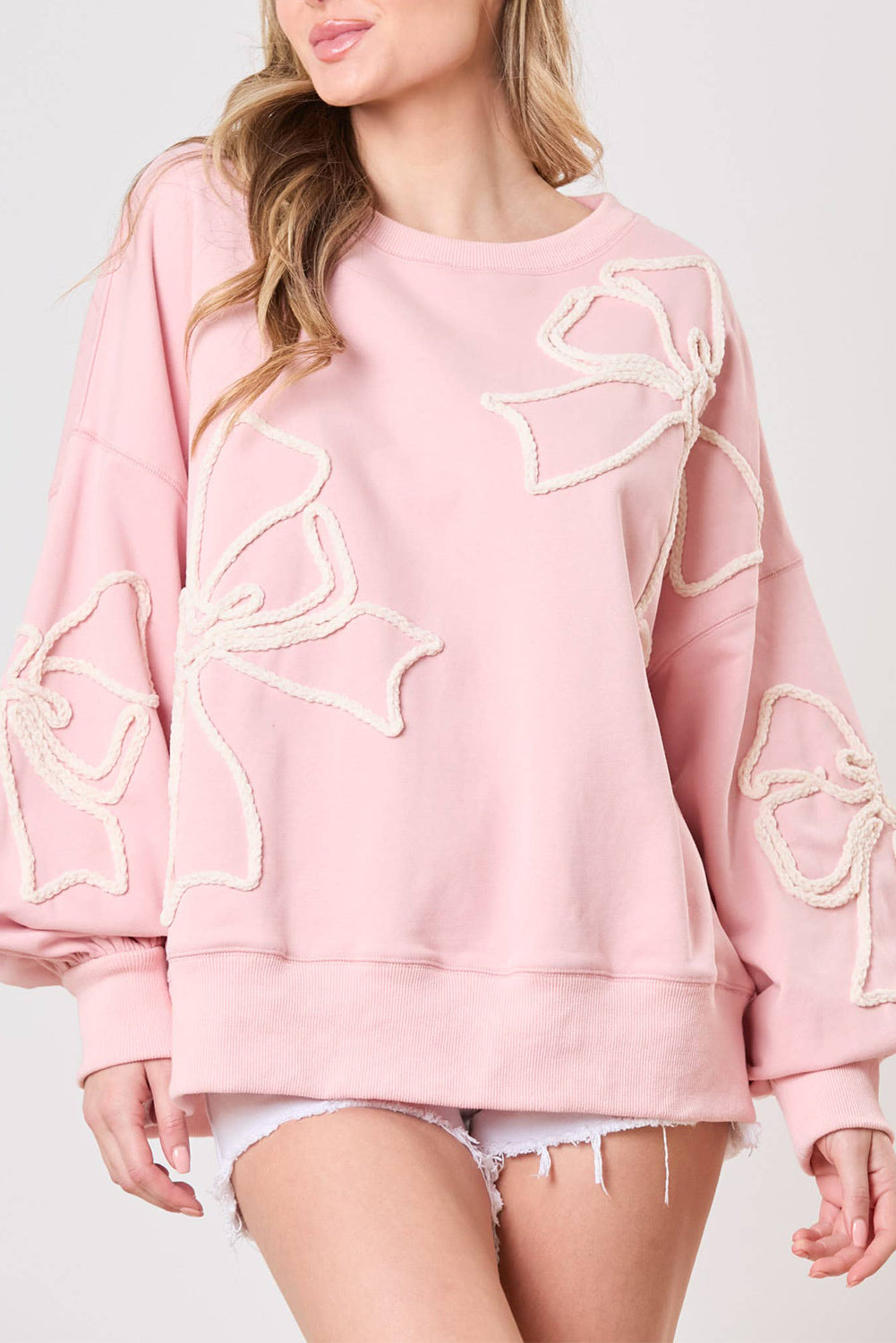 Light Pink Bow Thread Embroidery Ribbed Edge Sweatshirt Sweatshirts & Hoodies JT's Designer Fashion