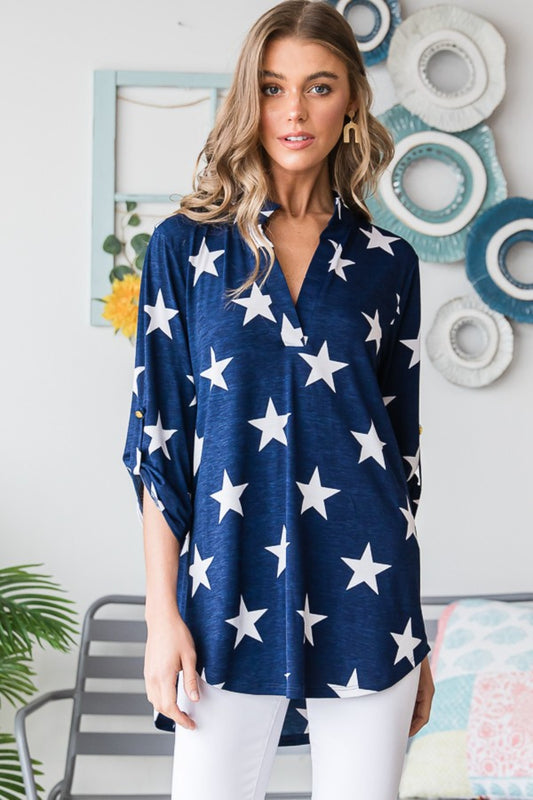 Heimish Full Size Roll-Tab Sleeve Star Print Top Navy Star JT's Designer Fashion