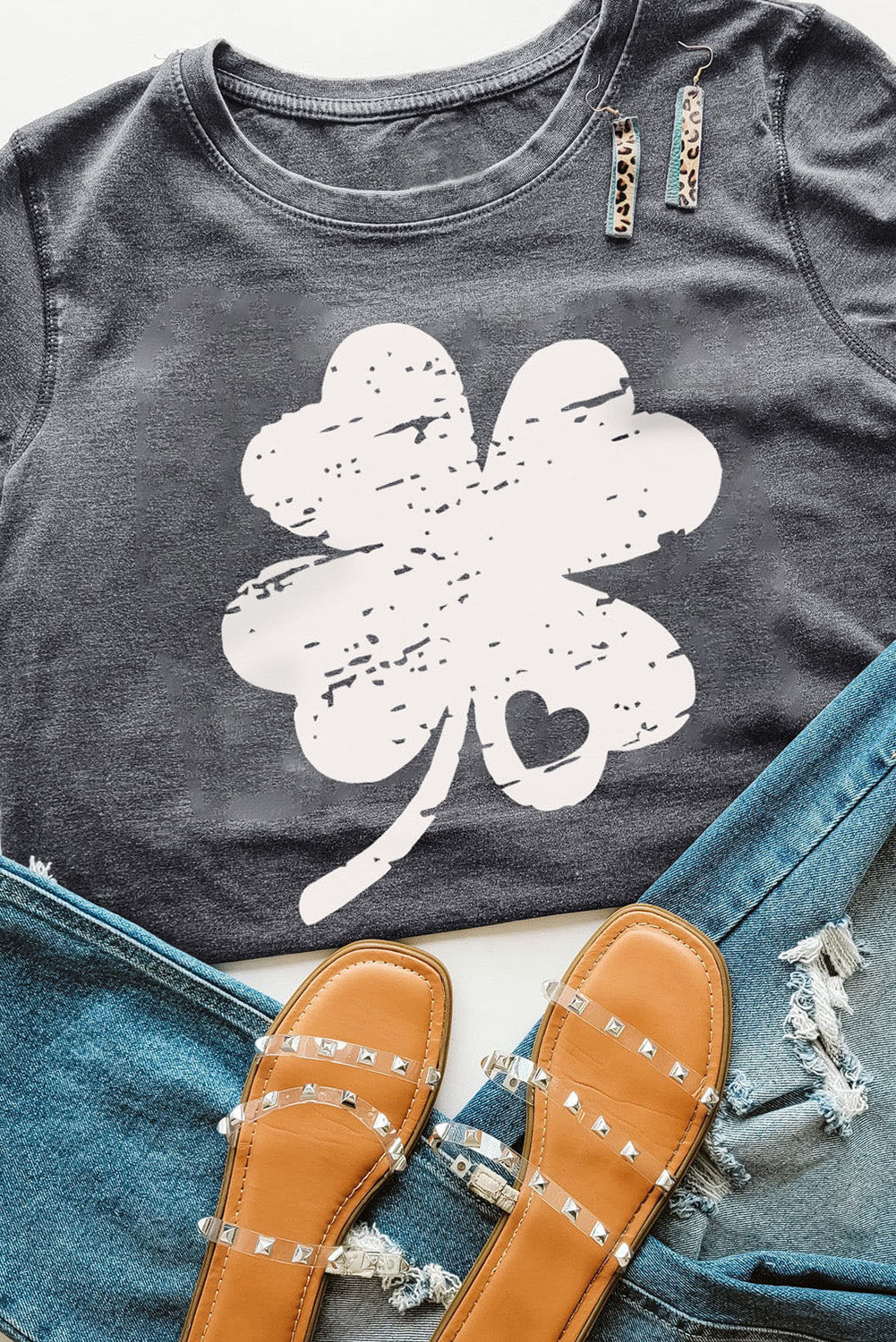 Gray St Patrick Shamrock Graphic Print Tee Gray 95%Polyester+5%Elastane Graphic Tees JT's Designer Fashion