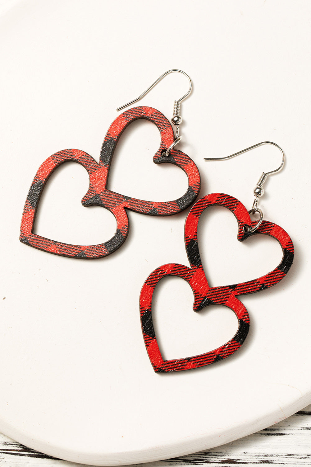 Fiery Red Valentines Day Plaid Double Love Heart Wooden Earrings Jewelry JT's Designer Fashion