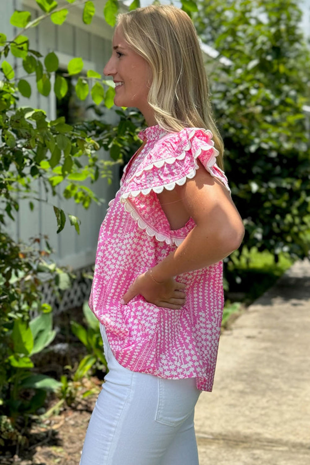 Pink Abstract Print Ric Rac Trim Flutter Sleeve Notch V Neck Blouse Blouses & Shirts JT's Designer Fashion