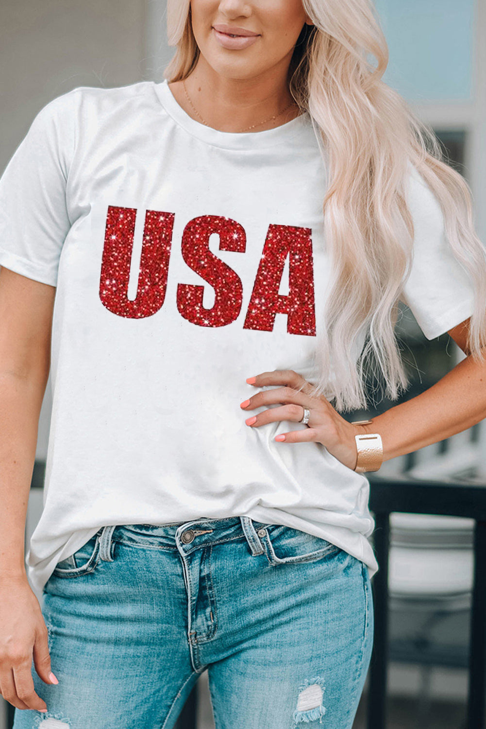 White USA Glitter Pattern Print Short Sleeve T Shirt Graphic Tees JT's Designer Fashion