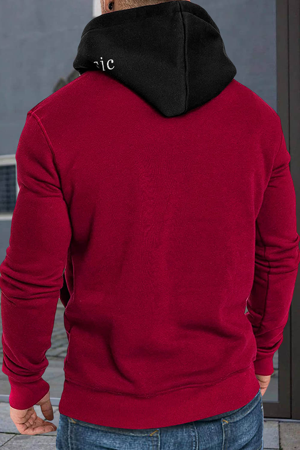 Fiery Red Valentine Love Heart Print Color Block Men's Pullover Hoodie Men's Tops JT's Designer Fashion