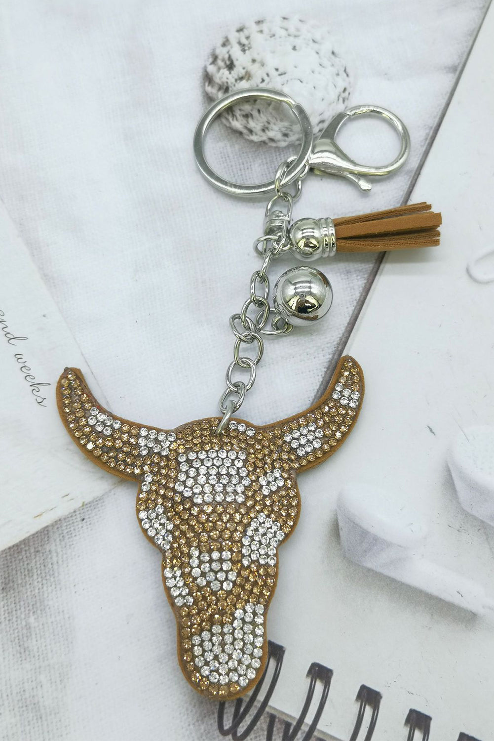 Gold Rhinestone Bull Head Western Tassel Key Ring Other Accessories JT's Designer Fashion