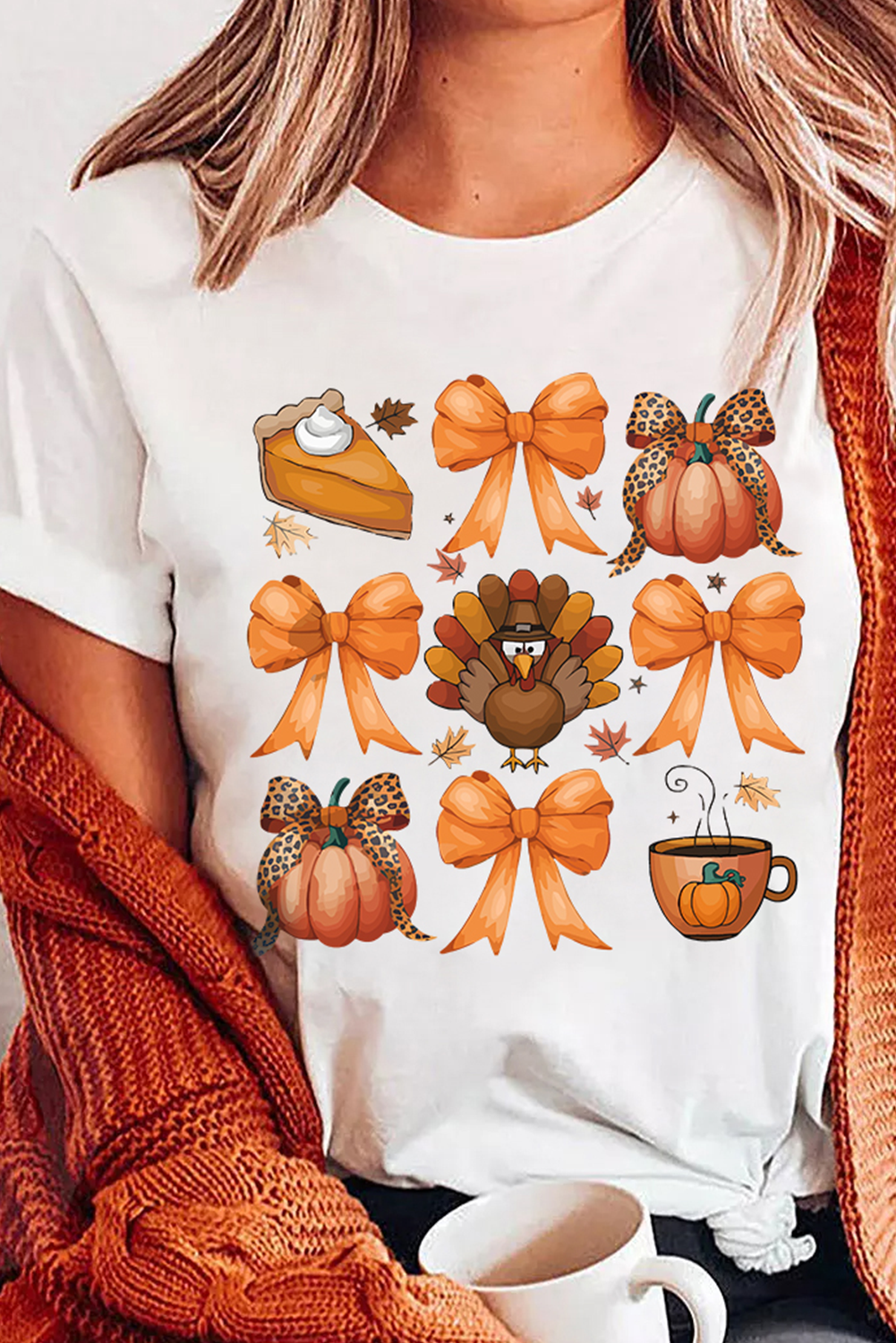 White Turkey Coquette Bow Pumpkin Thanksgiving T-Shirt Graphic Tees JT's Designer Fashion