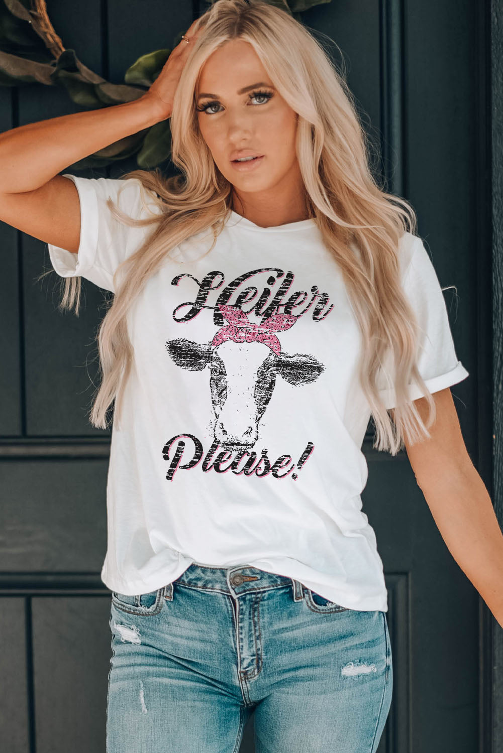 White Heifer Please Cute Graphic Print T Shirt Graphic Tees JT's Designer Fashion