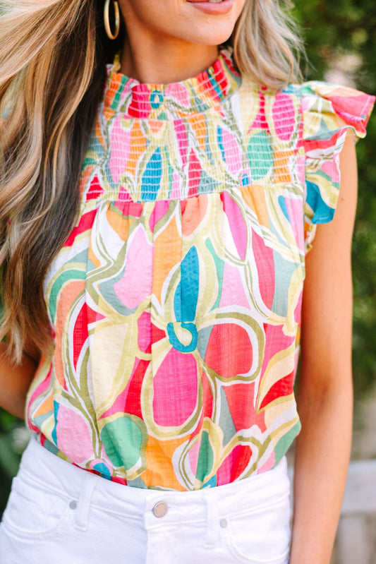 Yellow Abstract Print Ruffled Flutter Sleeve Ruched Blouse Tops & Tees JT's Designer Fashion