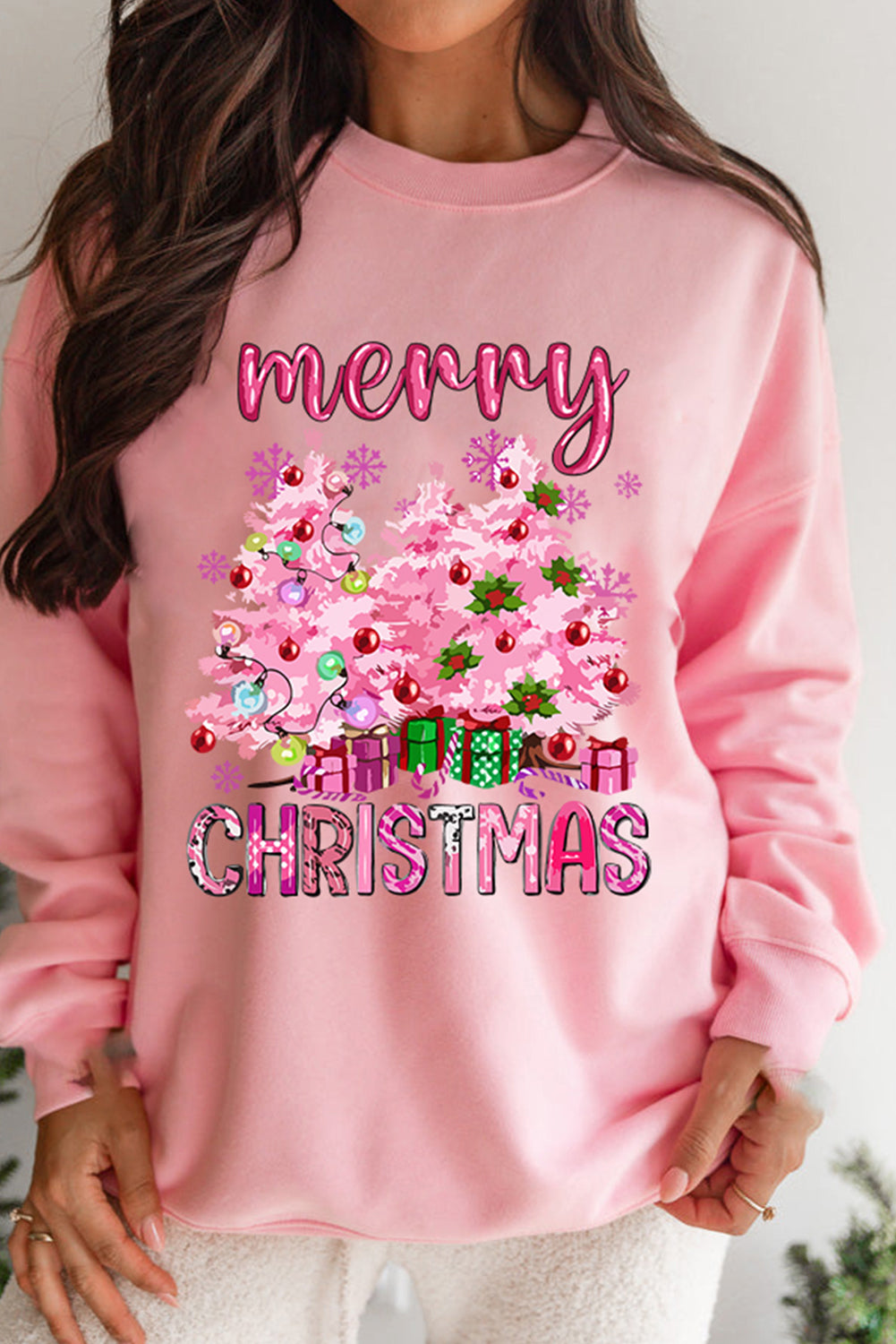 Pink Merry Christmas Graphic Crew Neck Pullover Sweatshirt Graphic Sweatshirts JT's Designer Fashion