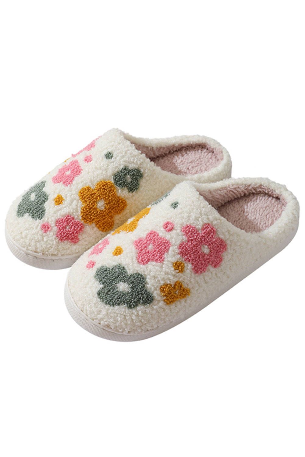 White Flower Pattern Slip On Plush Home Slippers Slippers JT's Designer Fashion