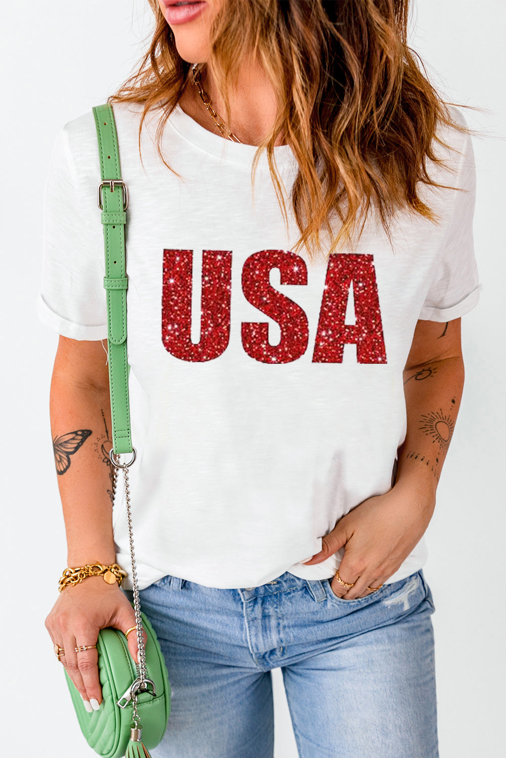 White USA Glitter Pattern Print Short Sleeve T Shirt Graphic Tees JT's Designer Fashion