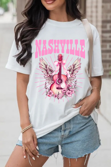 White NASHVILLE Guitar Graphic Music Festival T Shirt Graphic Tees JT's Designer Fashion