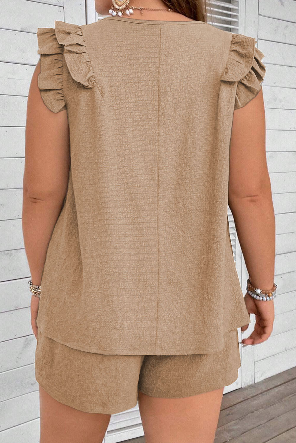 Pale Khaki Plus Size Ruffle Sleeves V Neck Top and Drawstring Shorts Plus Size JT's Designer Fashion