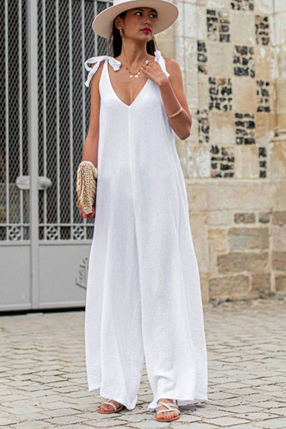 White Textured Tied Straps V Neck Wide Leg Jumpsuit Pre Order Bottoms JT's Designer Fashion