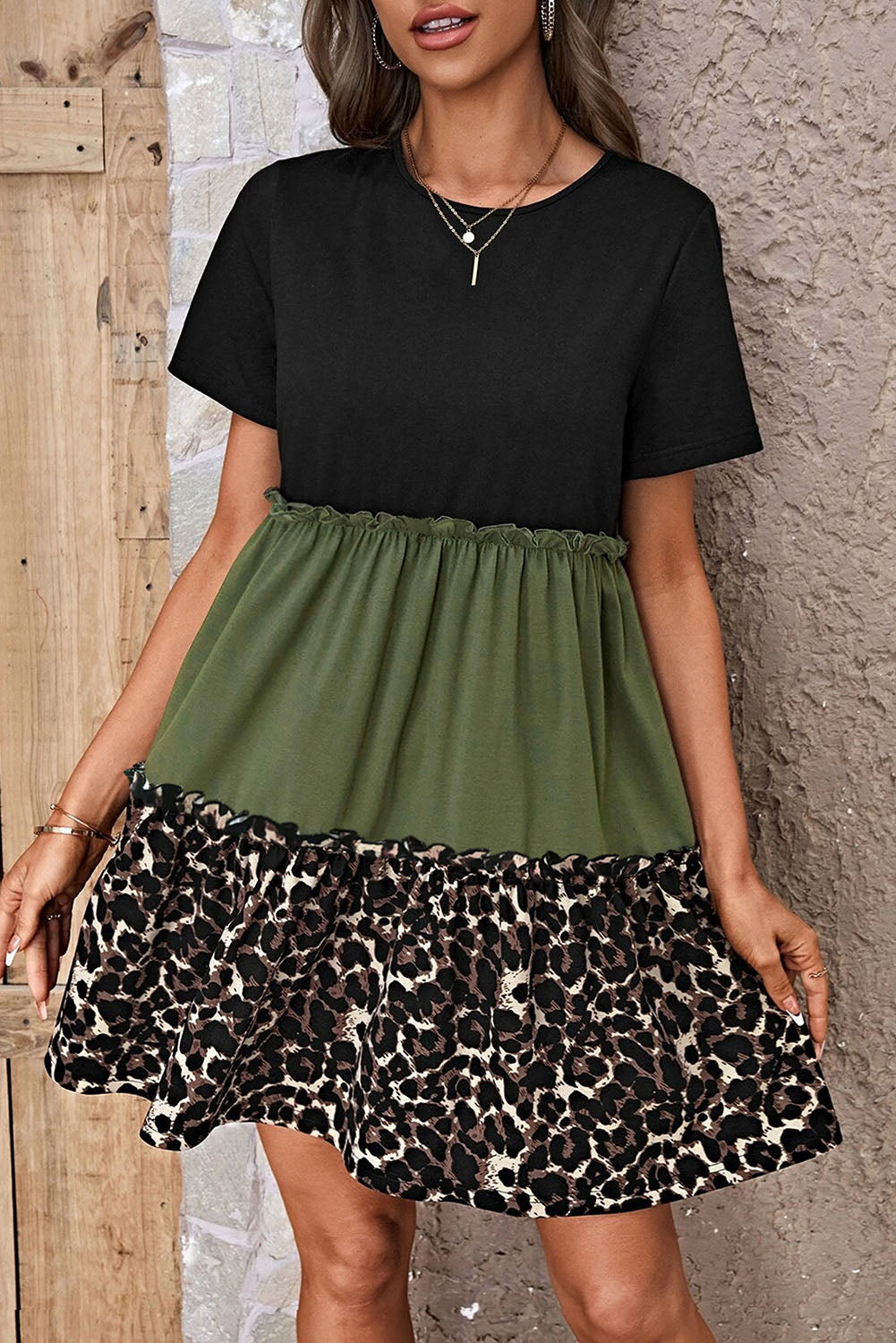 Jungle Green Leopard Print Colorblock Frill Trim T-shirt Dress T Shirt Dresses JT's Designer Fashion