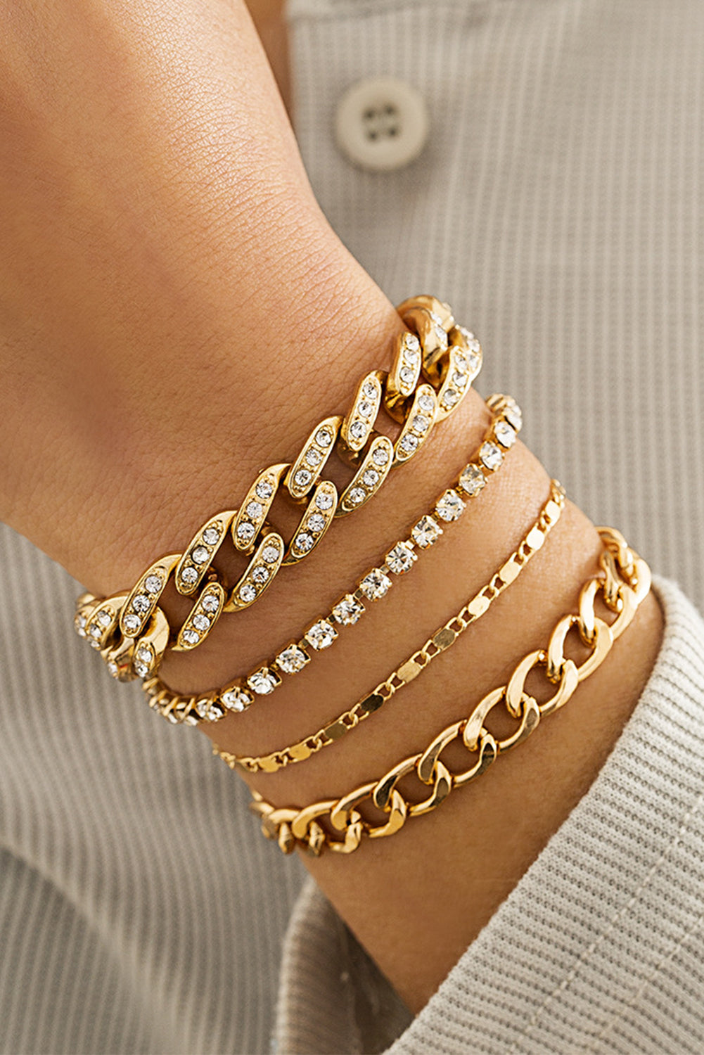 Gold 4pcs Rhinestone Decor Adjustable Chain Bracelet Set Jewelry JT's Designer Fashion