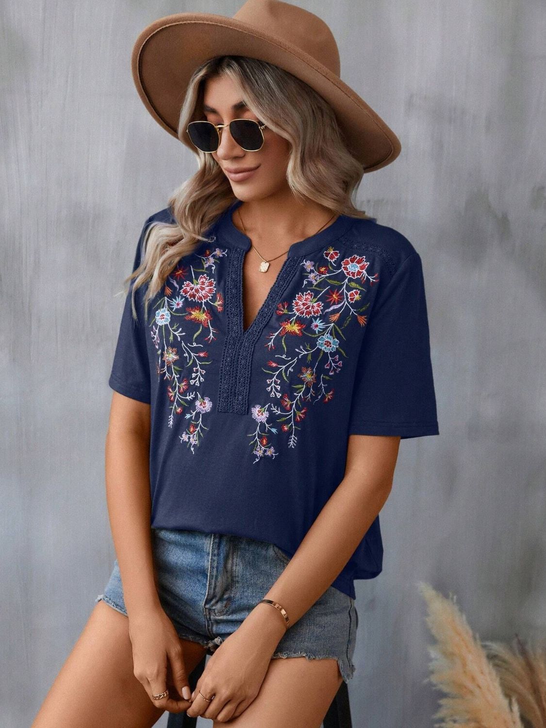 Embroidered Notched Short Sleeve T-Shirt Dark Navy Blouses & Shirts JT's Designer Fashion