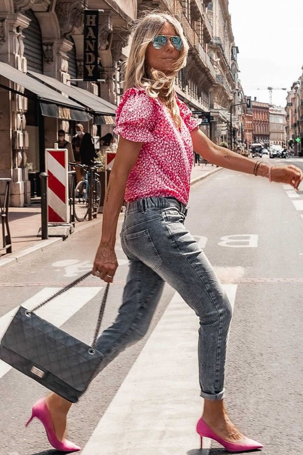 Pink Abstract Print Buttoned Ruffle Sleeve Shirt Blouses & Shirts JT's Designer Fashion