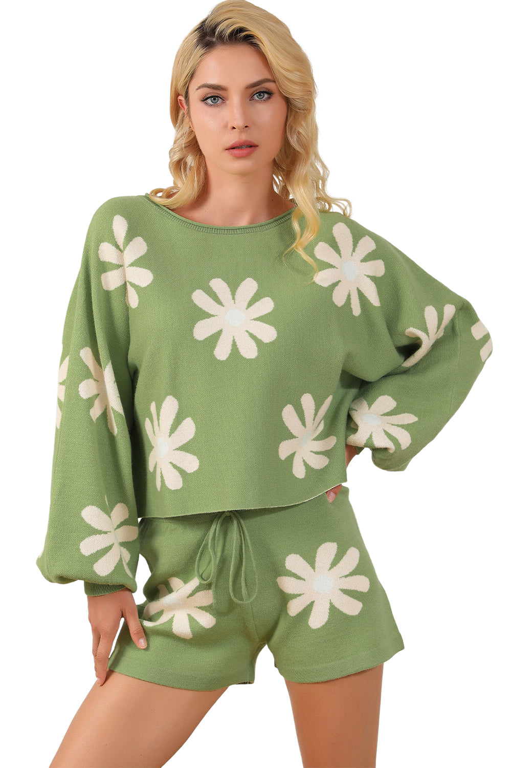 Green Flower Print Bubble Sleeve Knitted Sweater and Shorts Set Short Sets JT's Designer Fashion