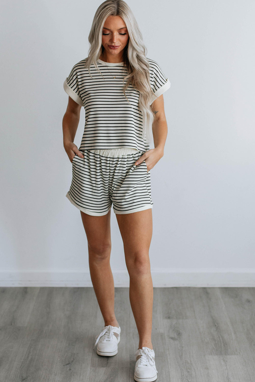 White Stripe Contrast Edge Tee and Shorts Set Bottoms JT's Designer Fashion