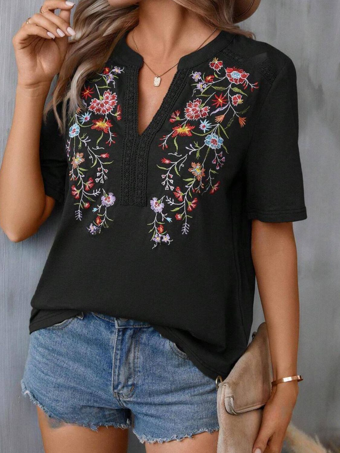 Embroidered Notched Short Sleeve T-Shirt Blouses & Shirts JT's Designer Fashion