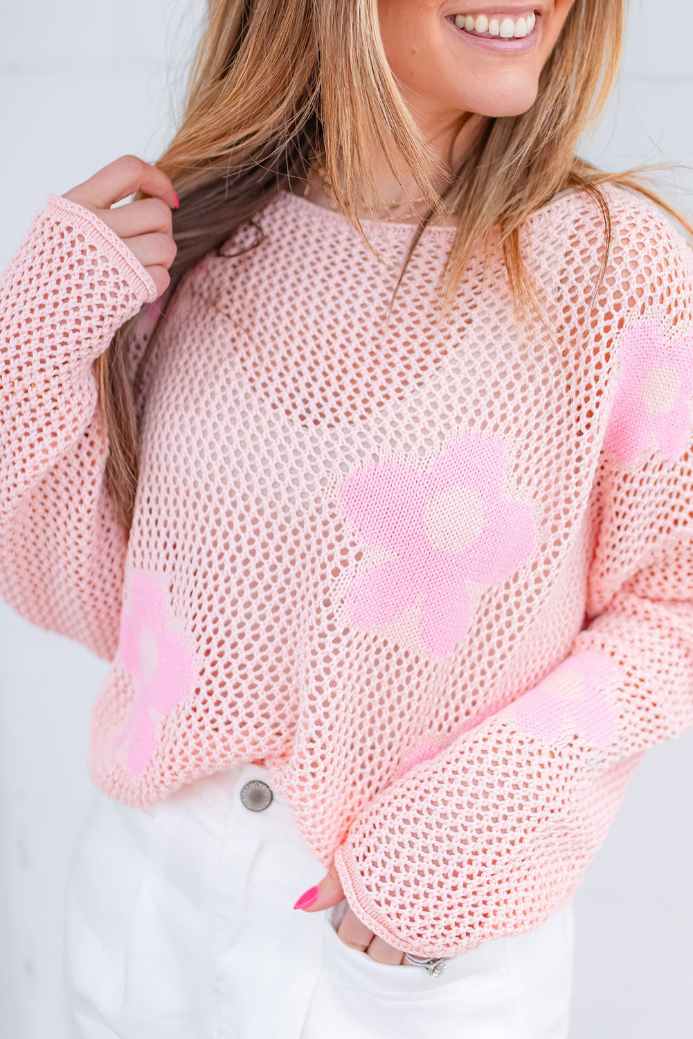 Light Pink Big Flower Hollowed Knit Drop Shoulder Sweater Pre Order Sweaters & Cardigans JT's Designer Fashion