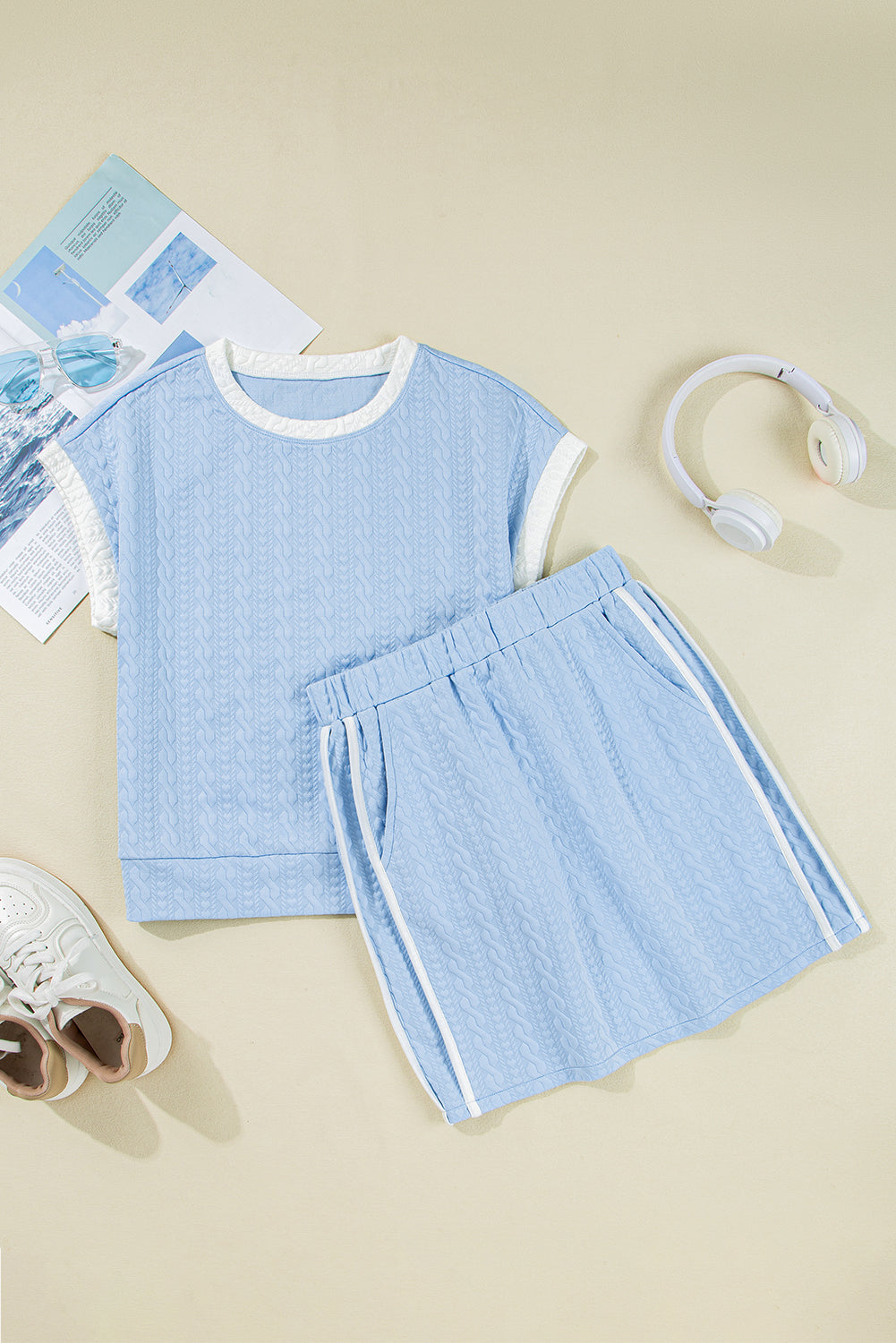 Beau Blue Contrast Trim Textured Crewneck Tee and Pocketed Skirt Set Two Piece Dresses JT's Designer Fashion
