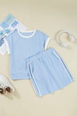 Beau Blue Contrast Trim Textured Crewneck Tee and Pocketed Skirt Set Two Piece Dresses JT's Designer Fashion