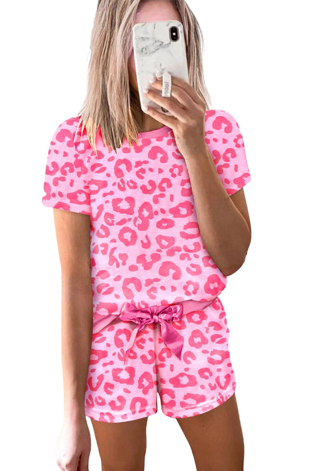 Pink Satin Drawstring Leopard Print Short Lounge Set Pre Order Loungewear JT's Designer Fashion