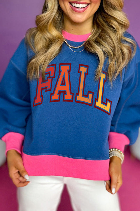 Blue FALL Graphic Color Block Bubble Sleeve Sweatshirt Blue 50%Polyester+50%Cotton Graphic Sweatshirts JT's Designer Fashion
