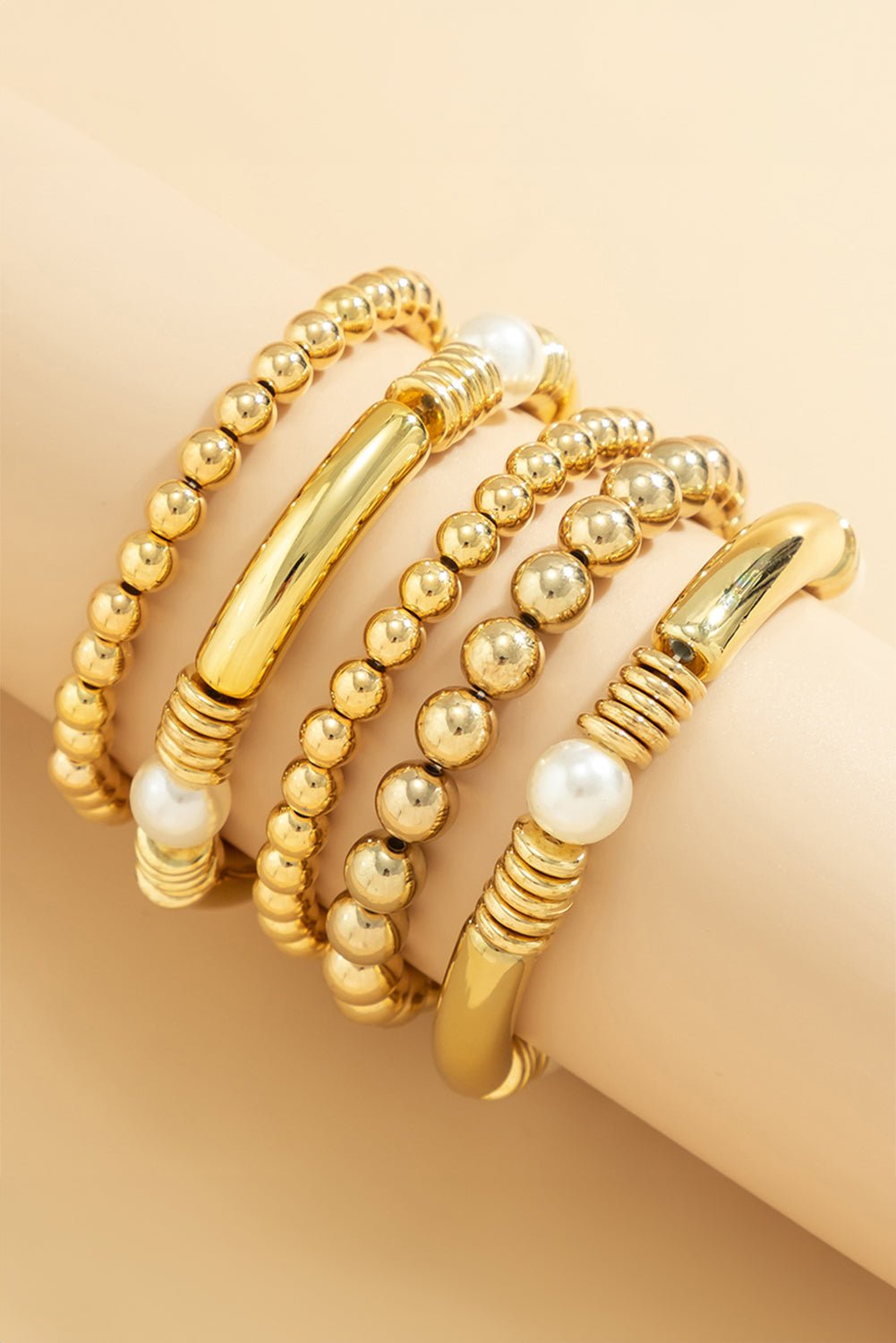 Gold 5pcs Pearl Plated Beaded Bracelet Set Jewelry JT's Designer Fashion